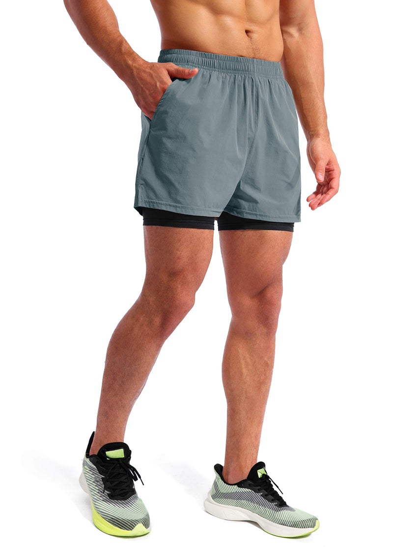 Pudolla Menâ€™s 2 in 1 Running Shorts 5" Quick Dry Gym Athletic Workout Shorts for Men with Phone Pockets(Arona Blue Small) - Image 3